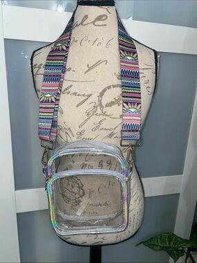 Clear Iridescent Crossbody Bag with Colorful Aztec Strap
